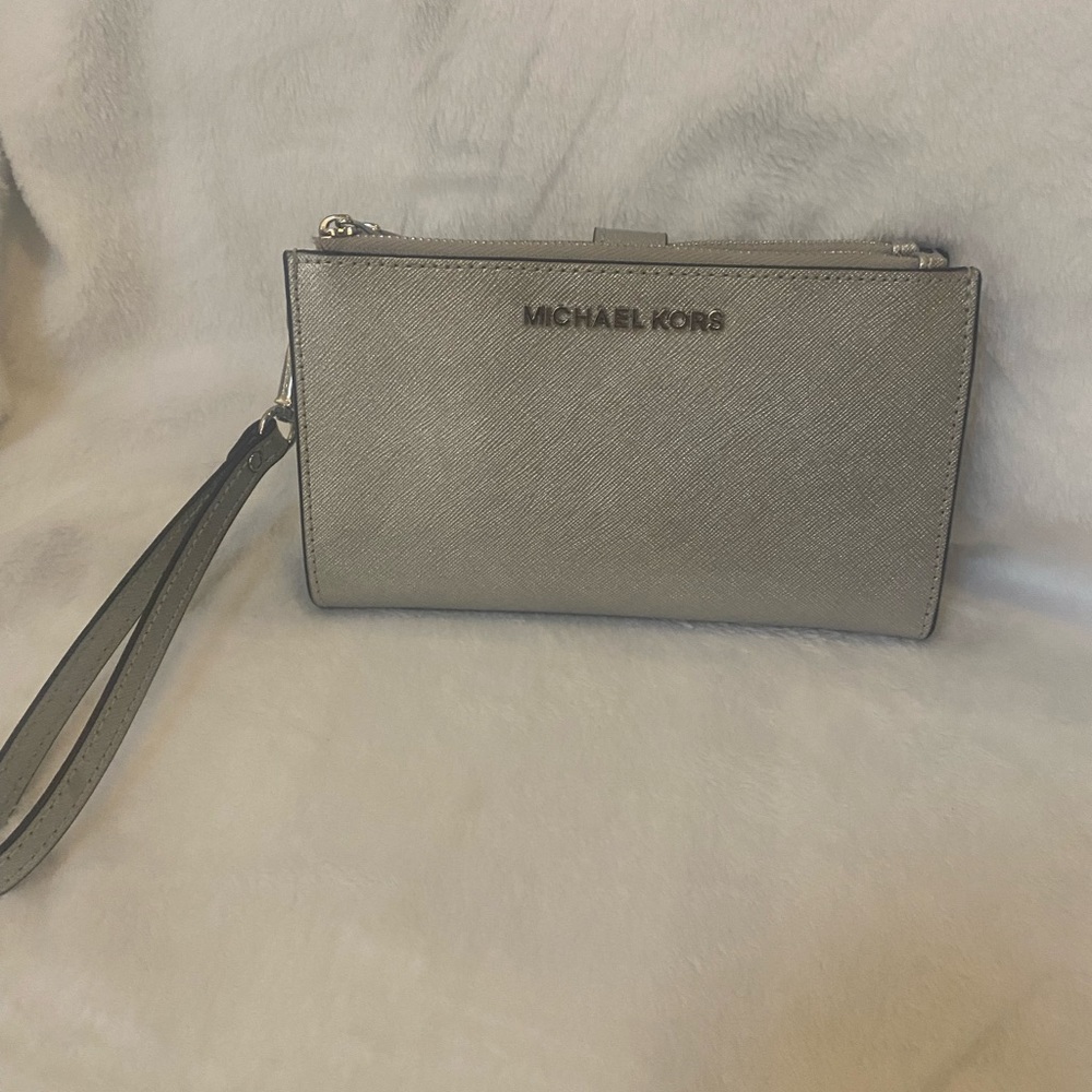 Michael Kors silver double zip wristlet wallet
